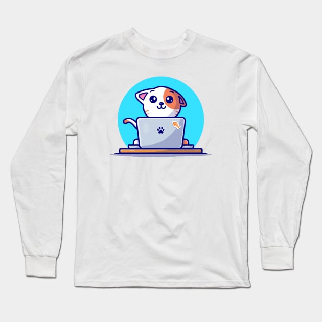 Cute Cat Working On Laptop With Coffee Cup Cartoon Vector Icon Illustration (2) Long Sleeve T-Shirt by Catalyst Labs